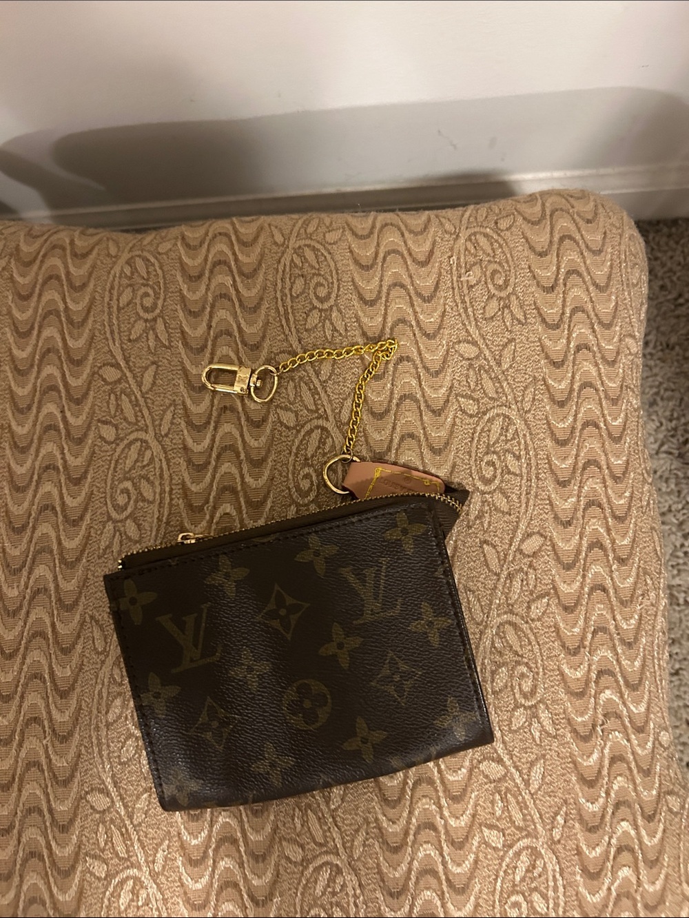 Source Unknown Brown Monogram Key & Card Pouch with Gold Chain and Leather Tab